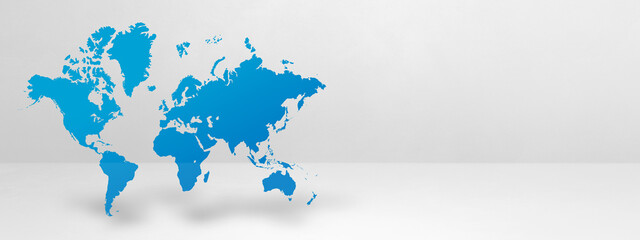 Blue world map on white wall background. 3D illustration. Horizontal banner