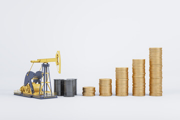 Growing oil price coin chart on white backdrop with mock up place. Up, gas and petrol concept. 3D...