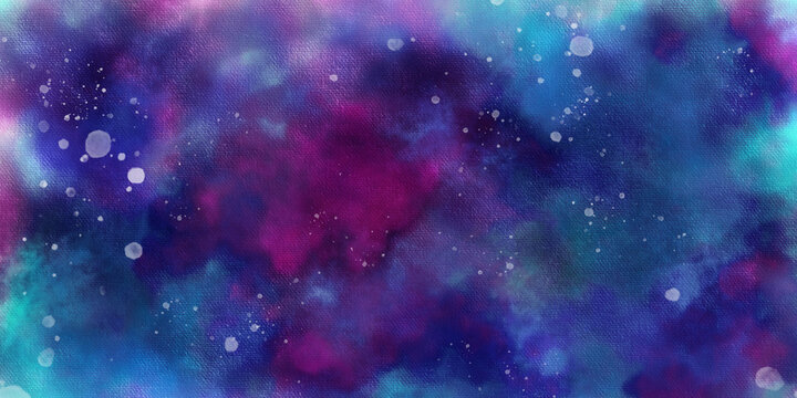 abstract night sky space watercolor background with stars. watercolor dark blue pink red gradient space nebula universe. Blue and pink gradient watercolor ombre leaks and splashes texture. © Creative Design