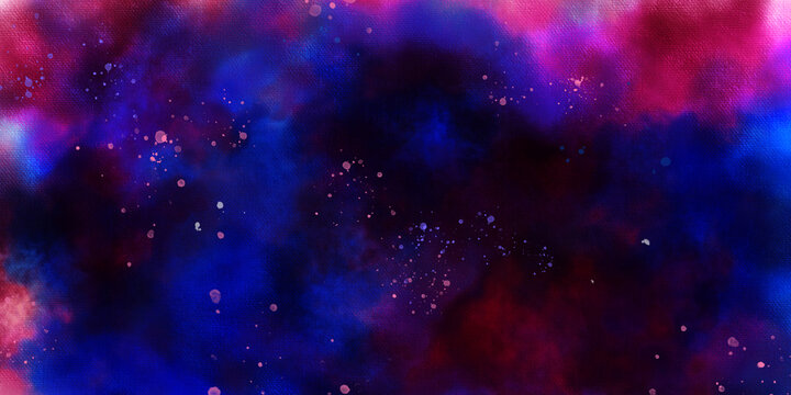 abstract night sky space watercolor background with stars. watercolor dark blue nebula universe. watercolor hand drawn illustration. Blue and pink gradient watercolor ombre leaks and splashes texture. © Creative Design