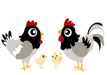 Coq et poule noir et blanc et deux poussins jaunes