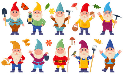 Cartoon fairy gnomes, cute little dwarf characters. Funny garden decoration gnomes vector illustration set. Adorable gnomes in red hats