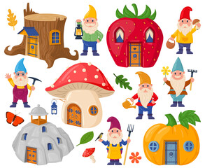 Fototapeta premium Garden gnomes characters and cute cartoon fairytale houses. Magic world gnomes mushroom and pumpkin houses vector illustration set. Fairytale characters and elements