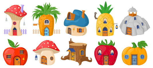 Cartoon forest fairytale mushroom gnomes or hobbit houses. Magic fairy tale characters, fantasy plants and vegetables buildings vector illustration set. Cute fairytale house