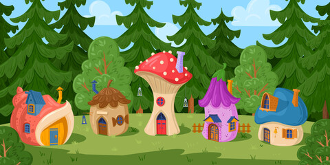 Cartoon forest fairy village, fairytale gnome mushroom houses. Woods gnomes or elves housing village, magical village vector illustration. Fantasy little houses landscape