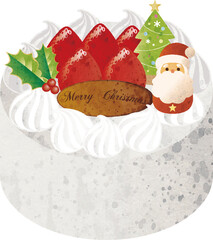 クリスマスケーキ　クリスマス　サンタクロース　いちご　水彩　背景白　イラスト素材