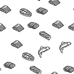 Salmon Fish Delicious Seafood Vector Seamless Pattern Thin Line Illustration