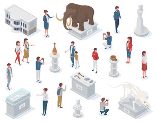 Isometric museum exhibits, ancient statue, archeology exposure. Ancient tools and totems collection vector illustration. Mammoth and antique sculpture - obrazy, fototapety, plakaty