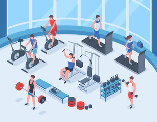 Isometric fitness sport, people workout in gym interior. Human characters working with gymnastic equipment vector illustration set. Gym and workout room