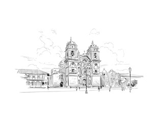 Church of the Society of Jesus. Plaza de Armas. Cuzco. Peru. Urban sketch. Hand drawn vector illustration