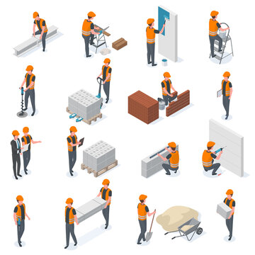 Isometric construction workers, builders and engineer characters. People lay bricks, paint walls and drill well vector illustration set. Builders with construction equipment