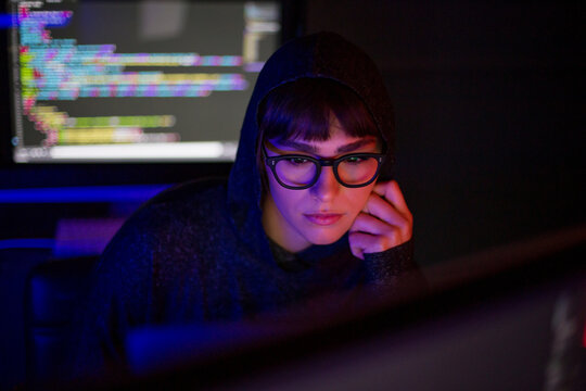 Female computer hacker in a futuristic style