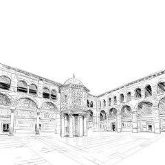 Umayyad Mosque. Damascus. Syria. Hand drawn sketch. Vector illustration.