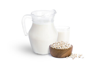 Millet milk and white Job's tears (Adlay millet or pearl millet) isolated on white background. 