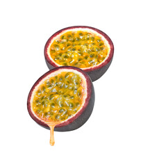 Passion fruit juice drop dripping isolated on white background.