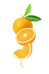 Orange juice or orange essential oil dripping isolated on white background.