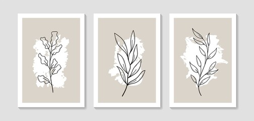 Botanical wall art vector set. Foliage line art drawing with abstract shape. Abstract Plant Art design for print, cover, wallpaper, Minimal and natural wall art. Vector illustration.