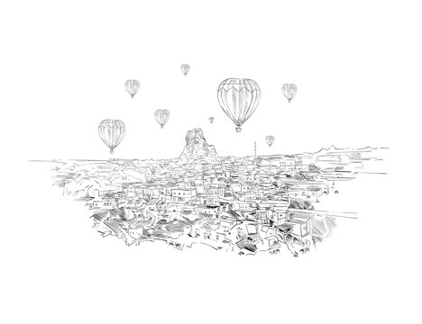 Hot air balloons. Cappadocia. Turkey. Hand drawn vector illustration. 