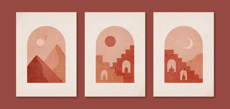 Set of abstract mountain landscapes in arches with sunset, sun, moon, vase, in aesthetic, minimalist mid century style. Bohemian style wall decor. Vector Illustration collection.