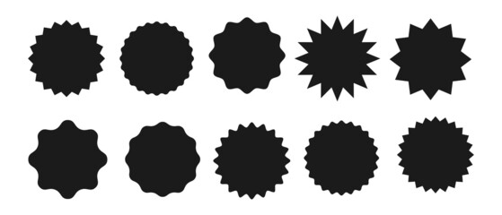 Set of vector red starburst, sunburst badges. Simple flat style vintage labels, stickers.