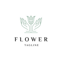Hand flower line logo concept, flat icon design template