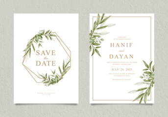 Elegant wedding invitation template with geometric border and foliage watercolor