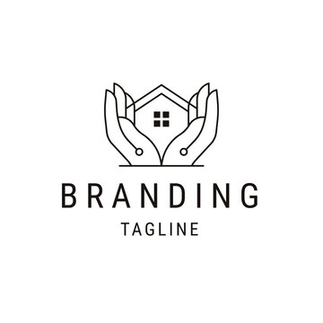 Hand house line logo concept, flat icon design template