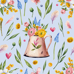 Spring flowers watercolor pattern