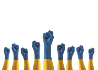 Ukraine flag on Ukrainian people hands for national empowerment and strengthening citizenship...