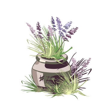 Old Flower Pot With Lavender Old Gray Flower Pot With Blooming Lavender, Provence Style, Decorative Illustration, Hand Drawing