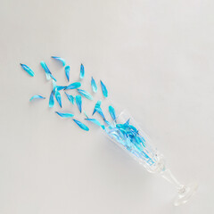 Soft blue petals coming out of champagne glass. Minimal celebration spring aesthetic design - obrazy, fototapety, plakaty