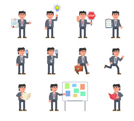 Set of businessman characters in various situations. Man holding document, clipboard, stop sign, talking on phone, running, reading and other actions. Modern vector illustration