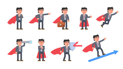 Fototapeta na wymiar Set of businessman characters with super hero cloak in various situations. Modern vector illustration