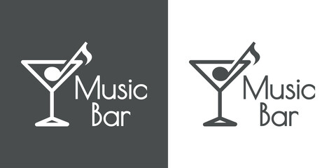Logotipo con texto Music Bar con silueta de copa de cocktail con nota musical como aceituna con líneas en fondo gris y fondo blanco - obrazy, fototapety, plakaty