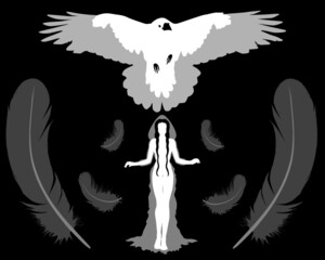 Ein weißer Rabe über der Silhouette einer Hexe, umgeben von Federn
