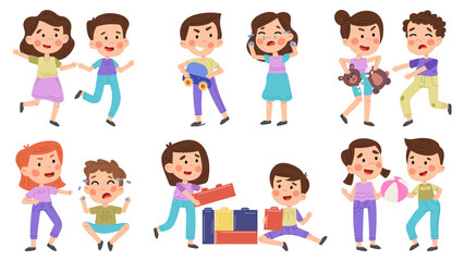 Children good and bad behaviour, kids play together and fighting. Girl and boy fighting for toy vector illustration set. Best friends forever