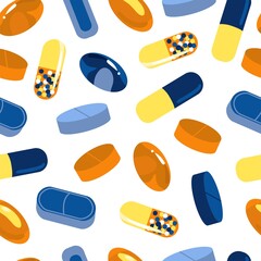 Medicine. Seamless pattern with Tablets, capsule blisters, glass bottles with liquid medicines and plastic tubes with caps. Pharmacy store concept. Packaging or paper design. Vector illustration.