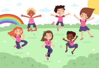 Obraz na płótnie Canvas Happy cartoon kids jumping in park or kindergarten playground. Children doing outdoor activities vector illustration. Funny babys having fun