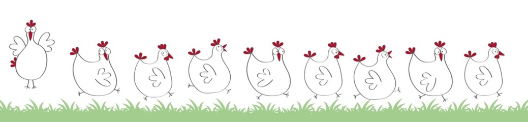 Glückliche Hühner laufen aufgeregt über Gras, lustiger Hühnerhaufen Cartoon - obrazy, fototapety, plakaty