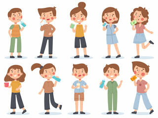 Children drink milk, water, juice or tea, kid with beverages. Thirsty kids holding beverage bottles vector illustration set. Kids drinks water