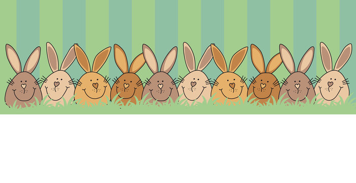 lustige osterhasen und eier zu ostern, ostermotiv f&uuml;r osterkarte mit braunen Hasengesichtern mit langen Ohren verstecken sich im Gras