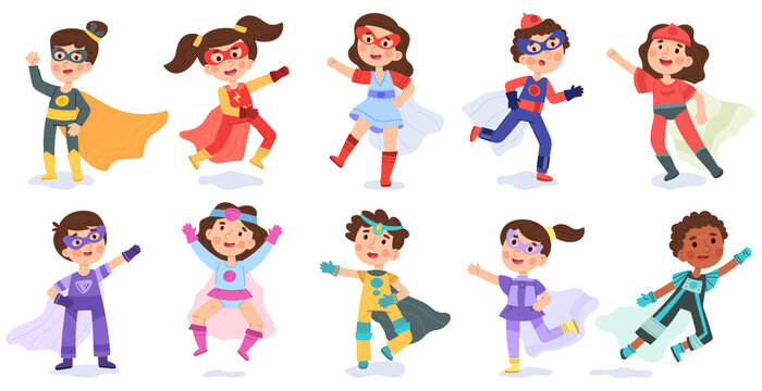 Kid superhero, cartoon super child characters. Baby superheroes in colorful costumes vector illustration set. Multiracial boys and girls superheroes