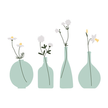 Vector hand drawn color illustration set with flowers in a glass vases and bottles.