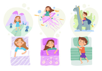 Child in bed, fantasy world bedtime sleeping kid character. Kids night dreams imagination world vector illustration. Dream time adventure