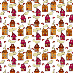 Vector seamless pattern with houses and rainbow. hand drawing 