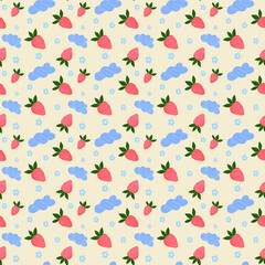 Vector seamless pattern with strawberries, clouds and flowers
