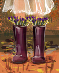 girl and rubber boots purple,with flowers in boots, and white chiffon dress,girl spring,spring,flowers