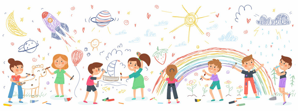 Children draw on wall, kids kindergarten art creative activity. Preschool girls and boys drawing characters vector illustration. Creative children draw picture
