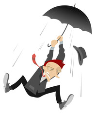 Windy day and man with umbrella isolated. Man tries to hold an umbrella and a hat gone with the wind	