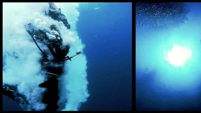Scuba Diving Animated Multi Screen Video Montage. Open Water Diving. Scuba Diver Jumping Off Dive Boat. Scuba Diver Silhouette Against Sunburst. Cave Diving. Boat Diving. 